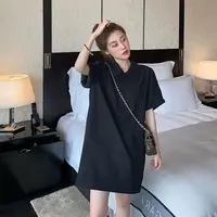 Y669翻领POLO领半扣中长款针织条纹女士短袖连衣裙