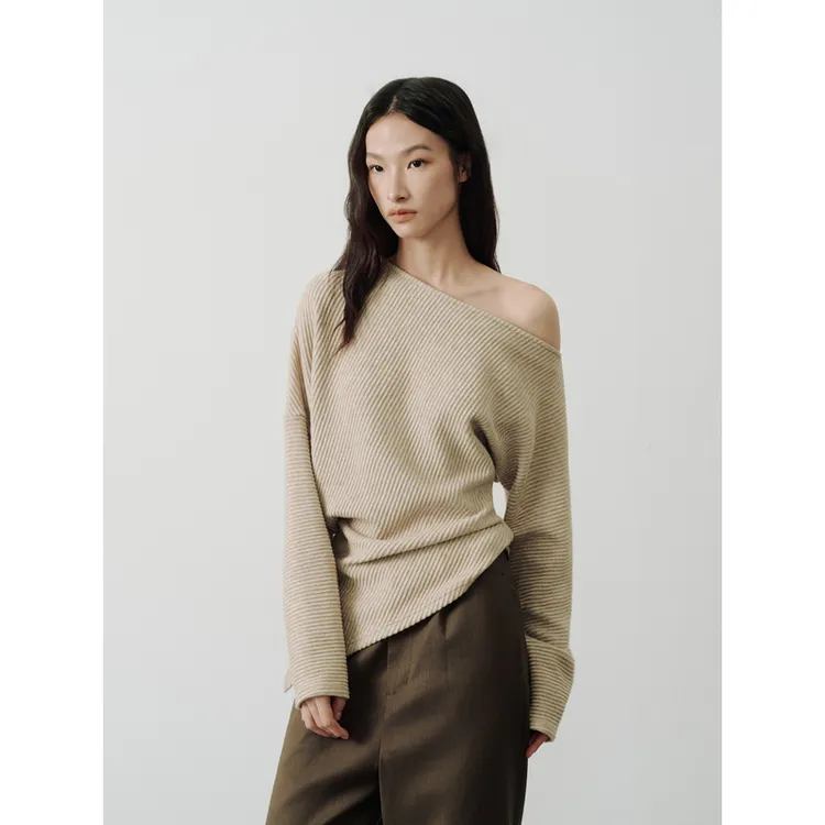 same flow斜肩针织衫上衣女秋冬季慵懒风单肩开叉毛衣