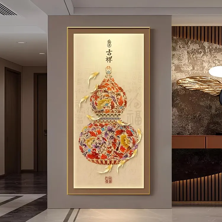 葫芦玄关吉祥葫芦九鱼挂画壁画走廊过道镶钻晶轻奢挂画玄关装饰画