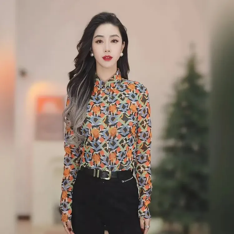 哥款时尚百搭气质显瘦长袖衬衫春夏季新款网纱印花设计打底衫上衣