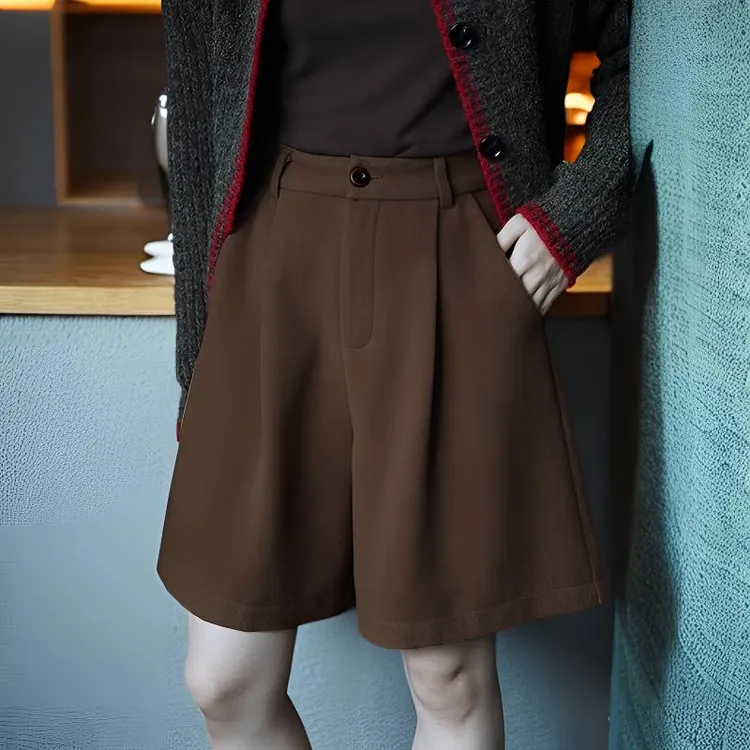 2025新款咖色五分短裤女高腰显瘦毛呢休闲百搭阔腿裤外穿秋冬靴裤