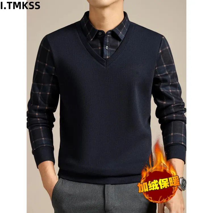 中年爸爸假两件衬衫领加绒针织衫深蓝色保暖毛衣秋冬季加厚打底衫