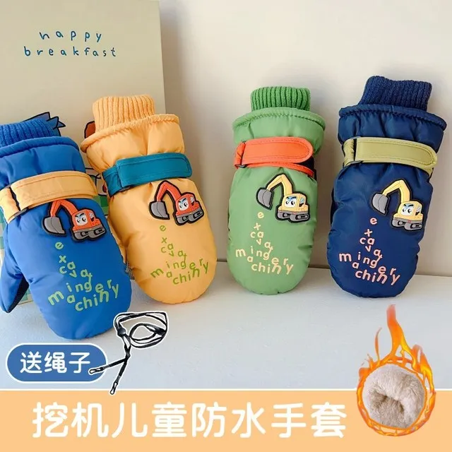 3-6岁冬季儿童防水手套挖土机冬天男童女童宝宝加厚绒玩雪包指