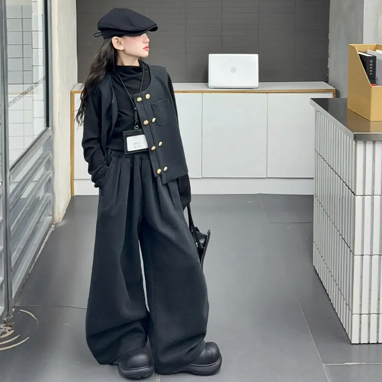 女童秋冬装套装2025新款休闲时尚女大童德绒打底衫背心马甲三件套