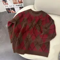 【百分百山羊绒】拉绒工艺241947-100羊绒慵懒风时尚拼色菱格套头衫