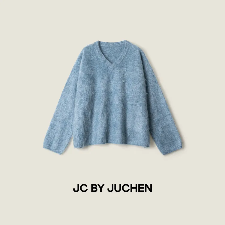 高克重阿尔巴斯皇室山羊绒宽松版拉绒V领套头针织毛衣FW110002-93