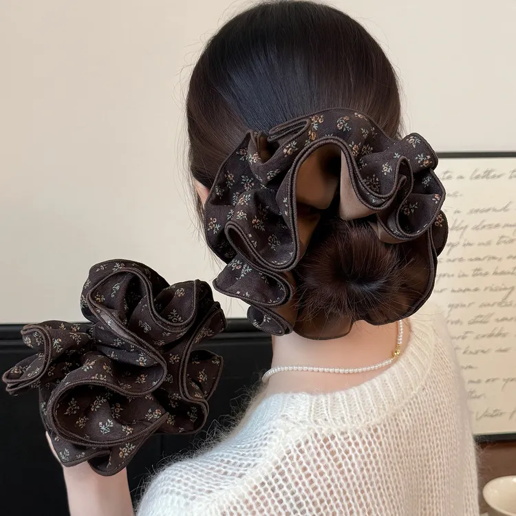 复古美拉德碎花四层大肠发圈时尚网红款头花发绳精致头绳发饰