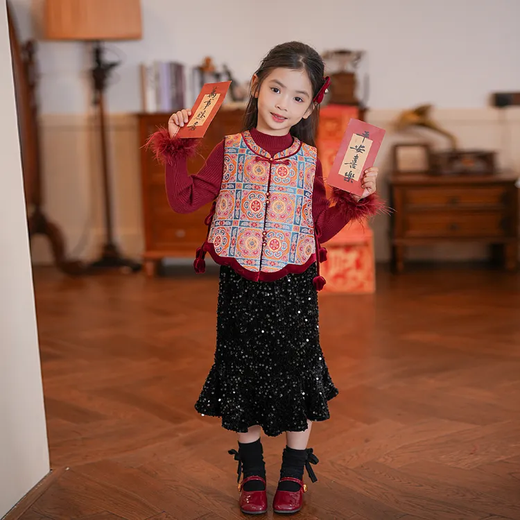 54002年服汉服女童新中式国风提花唐装马甲25款冬装儿童坎肩背心