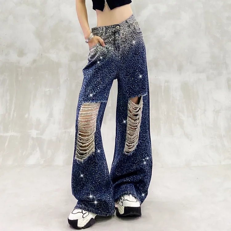 渐变色豹纹破洞烫钻牛仔裤女夏新款高腰宽松显瘦百搭直筒阔腿裤潮