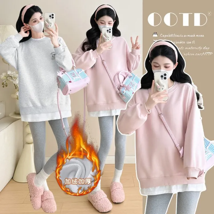 孕妇装秋冬款刺绣加绒加厚假两件卫衣孕妇上衣遮肚显瘦保暖打底衫