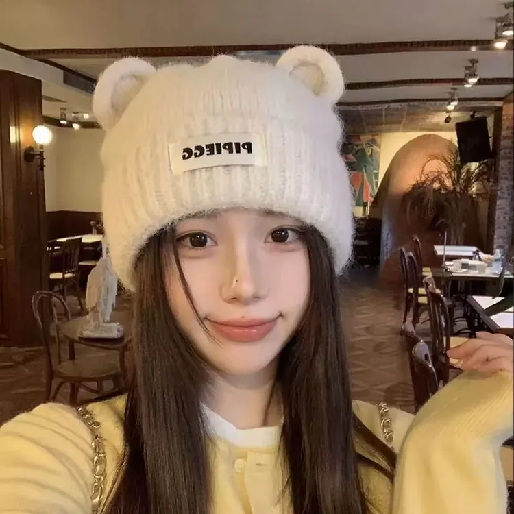 可爱小熊帽子女秋冬季韩系百搭保暖包头加厚护耳显脸小毛线针织帽
