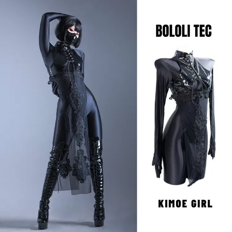 BOLOLI 国风中华御姐高开叉旗袍漆皮油亮打底衣套装cosplay摄影会