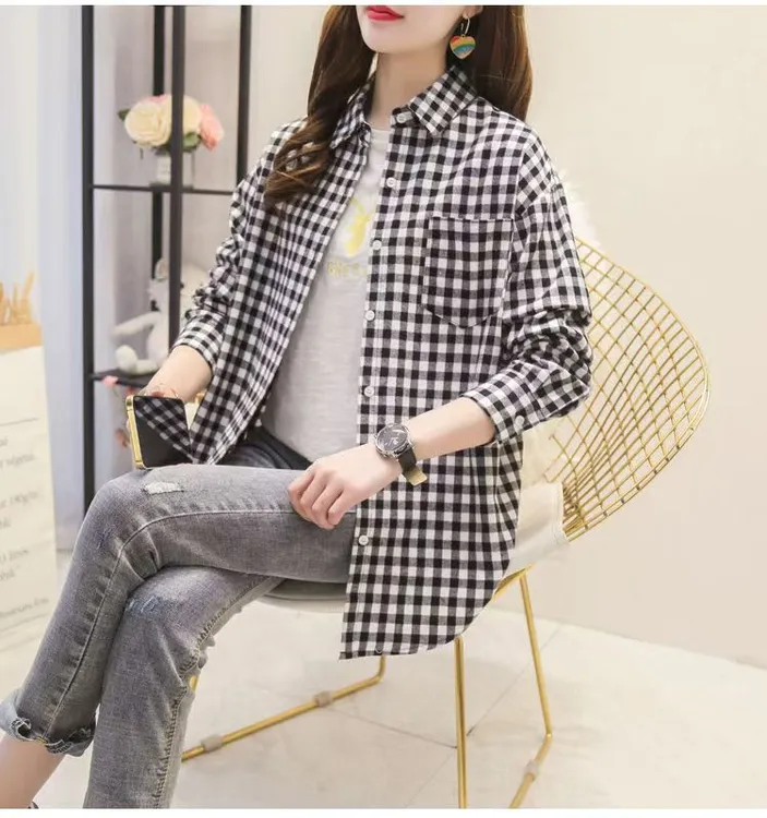 显白格子衬衫春秋长袖外搭衬衫女款外穿韩系衬衫大码宽松
