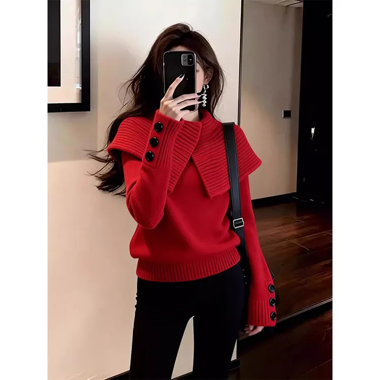 半高领修身红色斗篷设计感上衣2025年冬女装新款新年喜庆针织毛衣