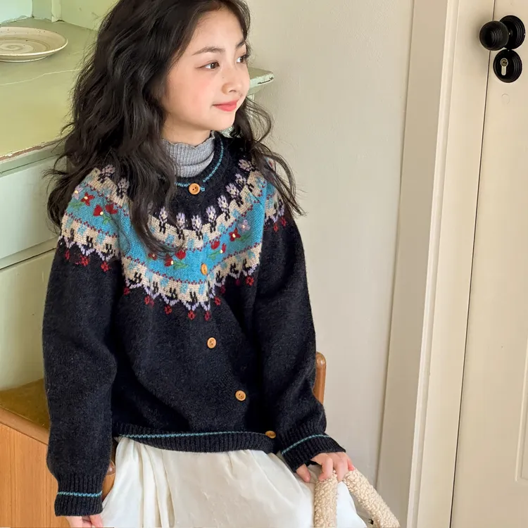 女童毛衣2025秋季新款费尔岛儿童洋气针织开衫外套秋装女大童上衣