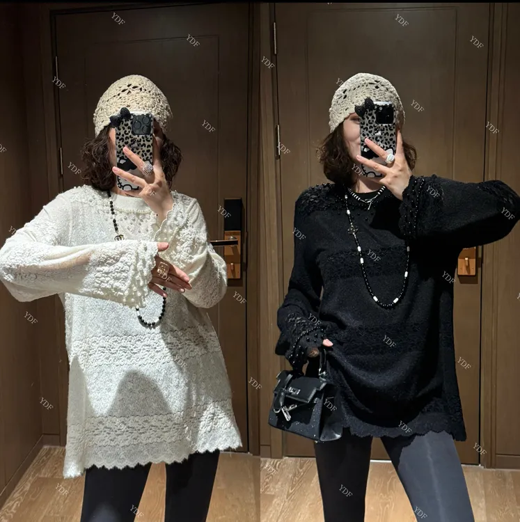 YDFSTUDIO小众【浪漫白雪】欧货高品重工钉珠蕾丝拼接设计时尚上衣