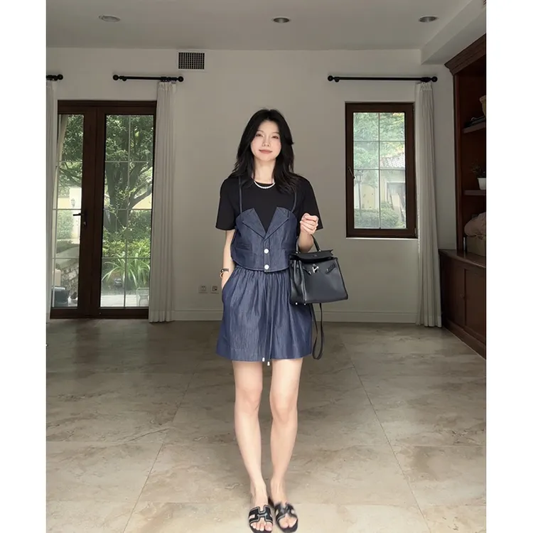 郭九九呢 100%棉抽绳宽松短裤假两件拼接显瘦短袖上衣 G925A08729