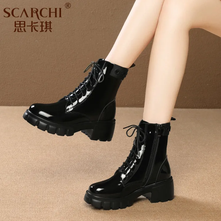 粗跟短靴女2025秋冬季新款真皮短筒马丁靴女英伦风厚底女靴子黑色