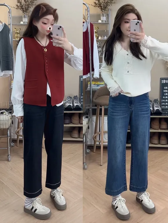 高腰直筒显瘦牛仔裤女2025年秋季新款小个子九分裤胖mm弹力阔腿裤