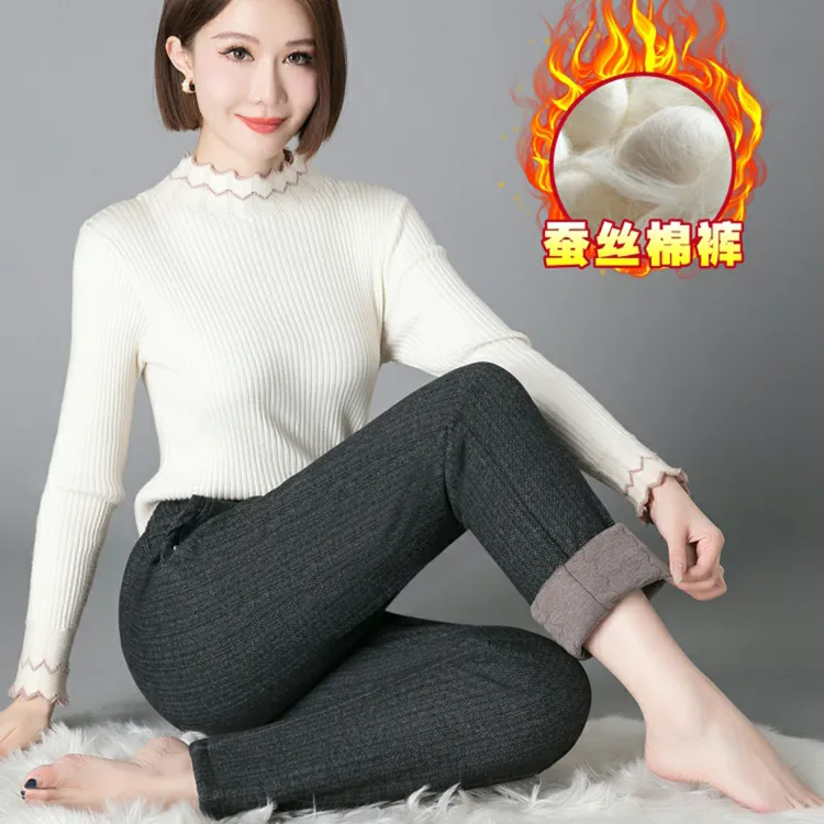 中老年高腰显瘦暖裤冬加绒秋冬季修身老年人棉裤外穿