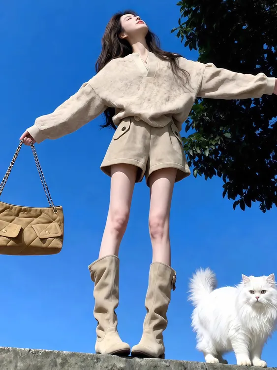 慵懒风复古休闲v领套头毛衣女秋冬高级感卡其色针织衫短裤两件套