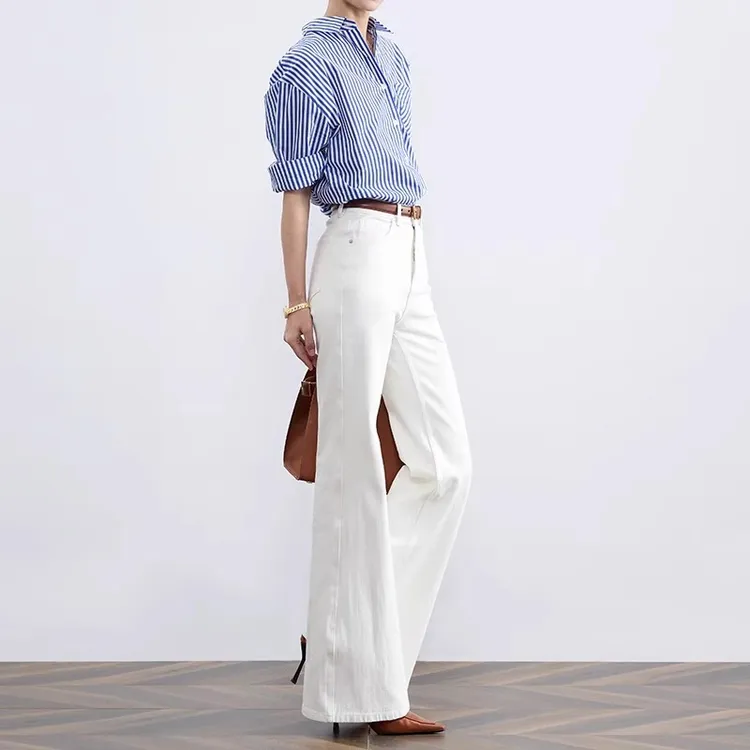 四面弹白色高腰微喇牛仔裤女夏季薄款修身显瘦宽松不贴腿喇叭裤子