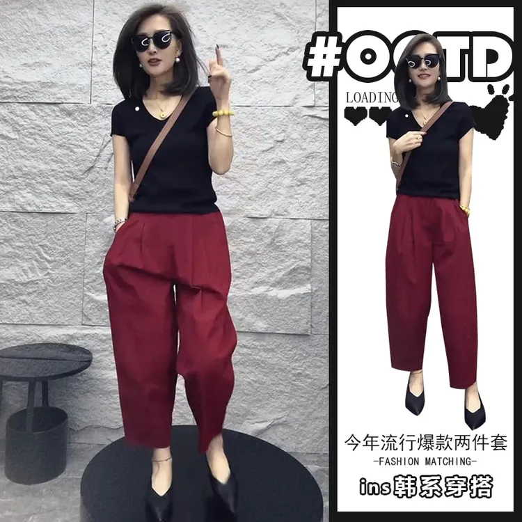 甜酷辣妹穿搭套装女2025夏季黑色显瘦短袖上衣高腰百搭遮胯休闲裤