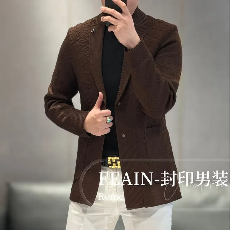 【FEAIN品牌】高端定制男士全立体浮雕提花一手长针织西装8099