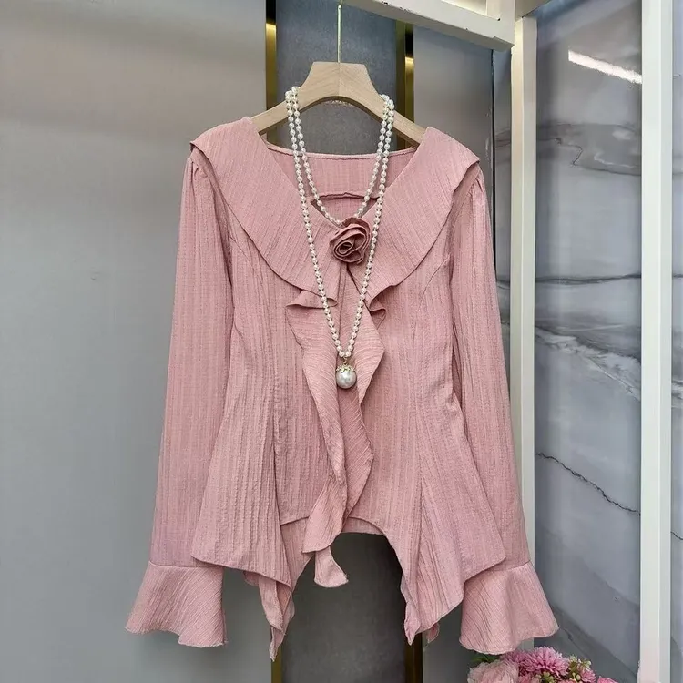 时尚大码立体法式花朵荷叶长袖简约春秋修身新款显瘦打底上衣小衫