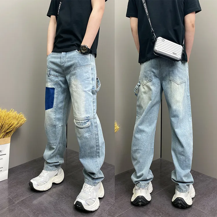 2025年夏季薄款潮流韩版痞帅个性设计感贴布青年男士休闲牛仔裤子
