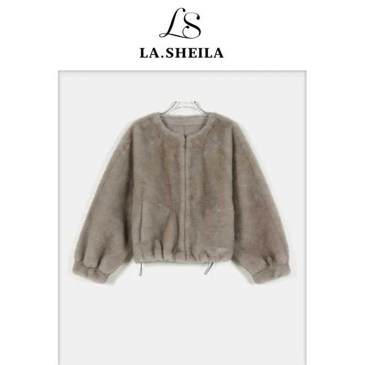 LA.Sheila【灰金】拉链可抽绳毛绒外套254-WT/1218-25105
