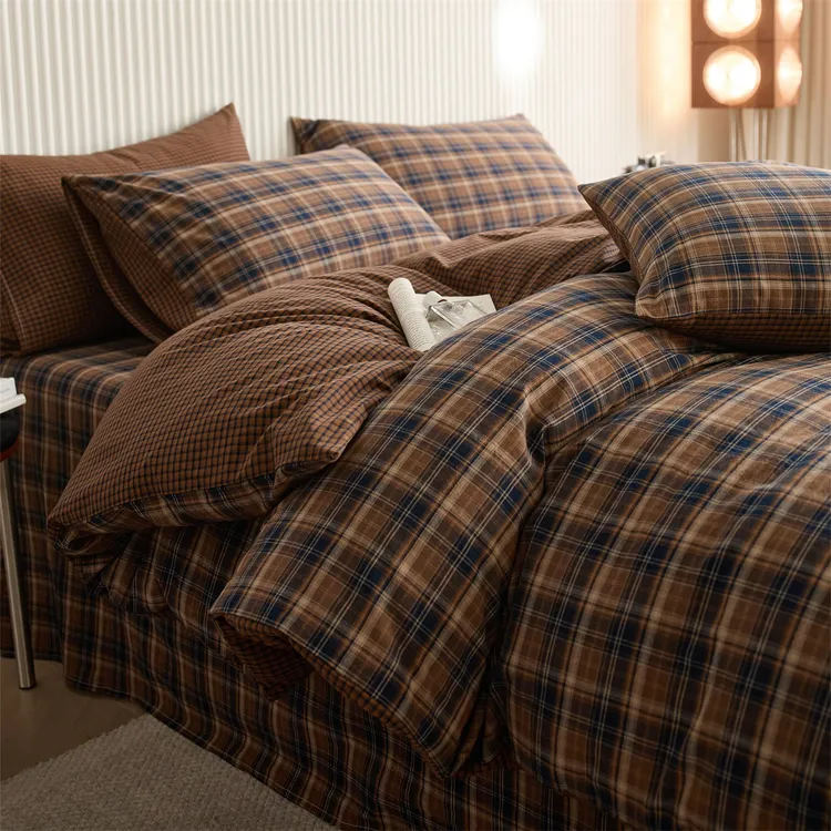 2026新款简约色织纯棉四件套格子条纹100全棉四件套加厚四季通用