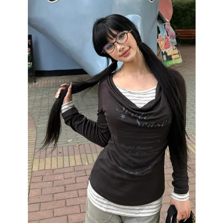 美式复古字母印花长袖T恤女秋季新款假两件修身百搭休闲通勤上衣