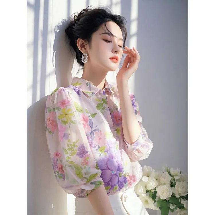 法式高级感超好看独特漂亮紫色碎花雪纺衬衫女2025年开春新款上衣