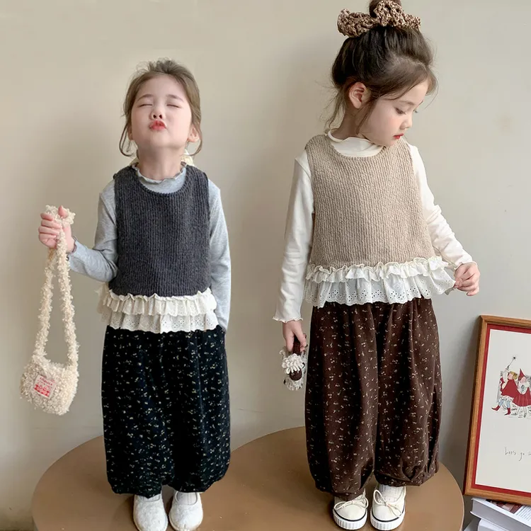女童洋气套装韩系甜美秋款儿童蕾丝边马甲灯笼裤子三件套小女孩