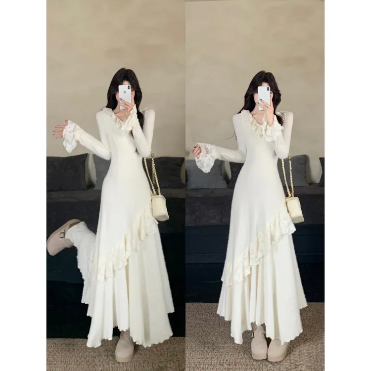 MO88ZSPF法式复古显瘦V领下摆拼接高级感不规则长袖中长连衣裙