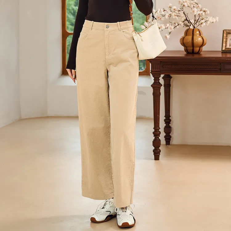 费依时尚百搭休闲裤女2025冬季新款浅卡其灯芯绒面料时髦气质裤子