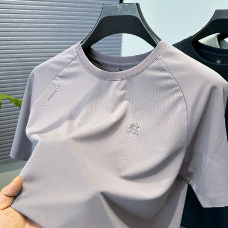 VIATEMSIARY轻奢潮牌烫印纯色男士冰丝短袖t恤宽松休闲圆领上衣服