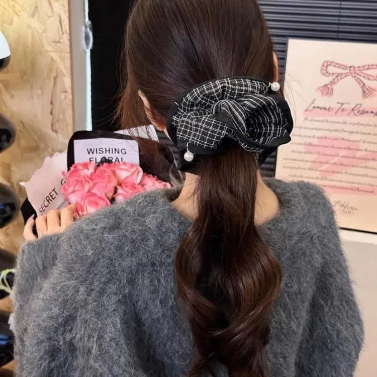 气质布艺格纹仿珍珠双层大肠发圈高级感发绳低丸子头发圈头圈发绳