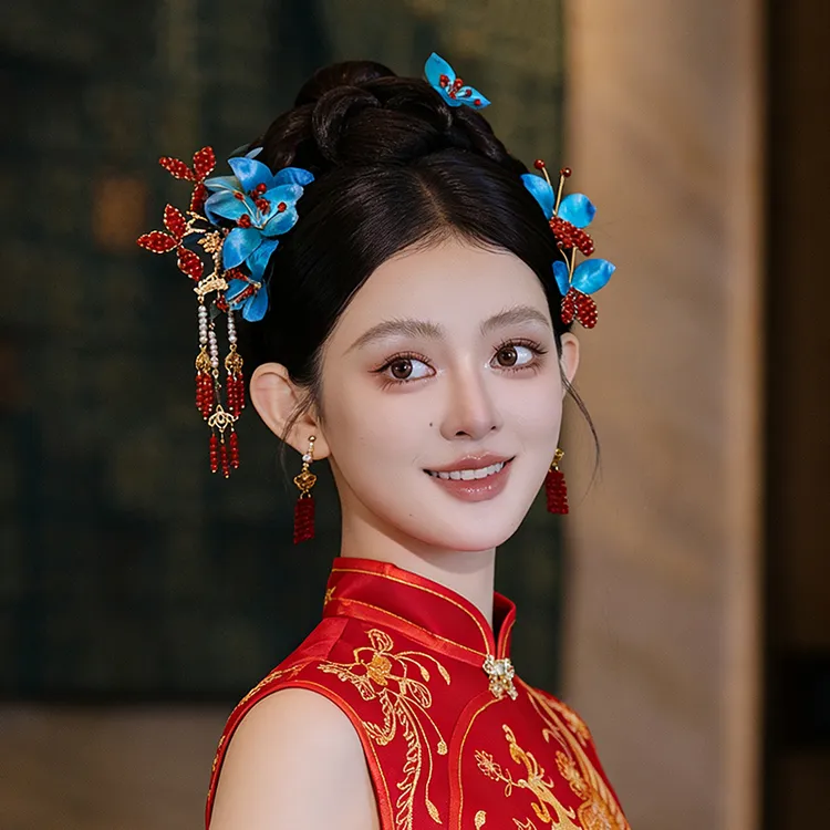 新娘头饰高级蓝色手作渐变绒花发簪步摇蝴蝶发钗旗袍发饰品G0311