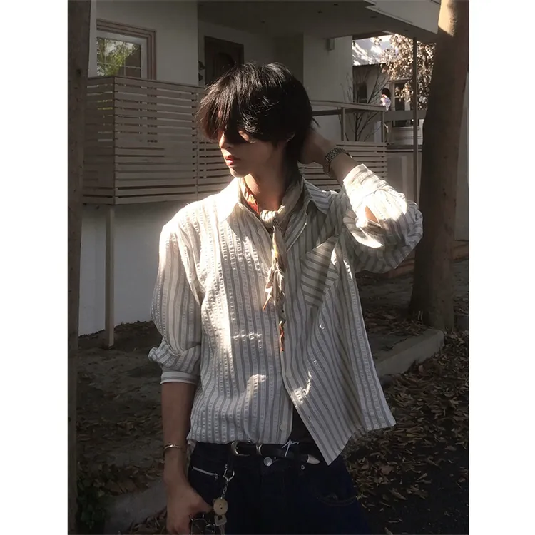 707同款泡泡纱长袖衬衫男女秋季高智感正肩衬衣cleanfit条纹上衣