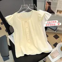 季念夏季圆领荷叶边飞飞袖衬衫女士洋气时尚百搭衬衣减龄显瘦上衣