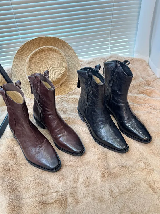 【羊皮粗跟中筒女士短靴4cm】复古做旧尖头西部牛仔靴马丁靴瘦瘦靴