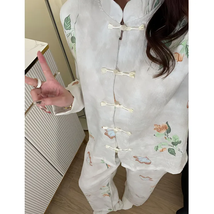 带胸垫新国风睡衣女款爆款2025秋季复古长袖长裤家居服套装