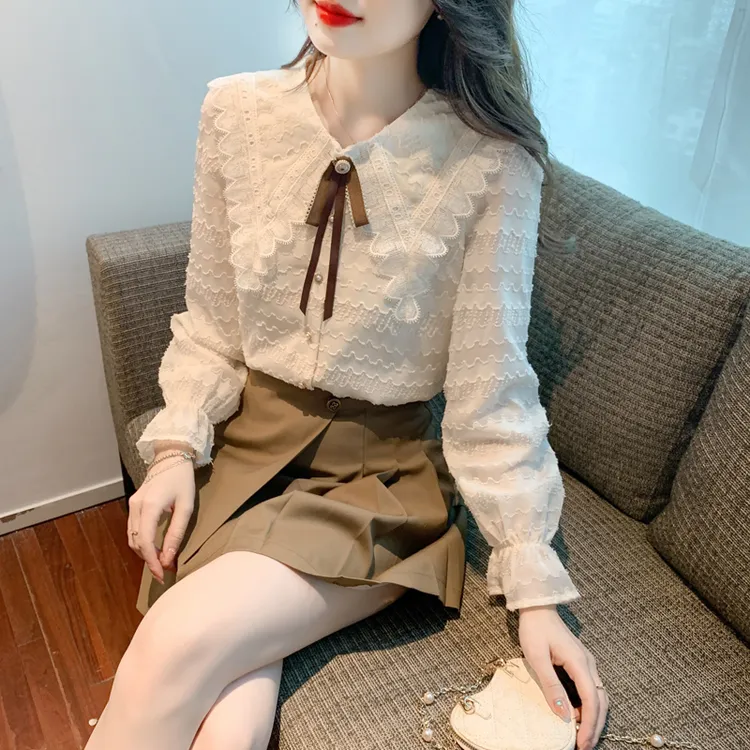 已出货蕾丝花边娃娃领衬衫2025秋冬甜美长袖雪纺衫蝴蝶结上衣
