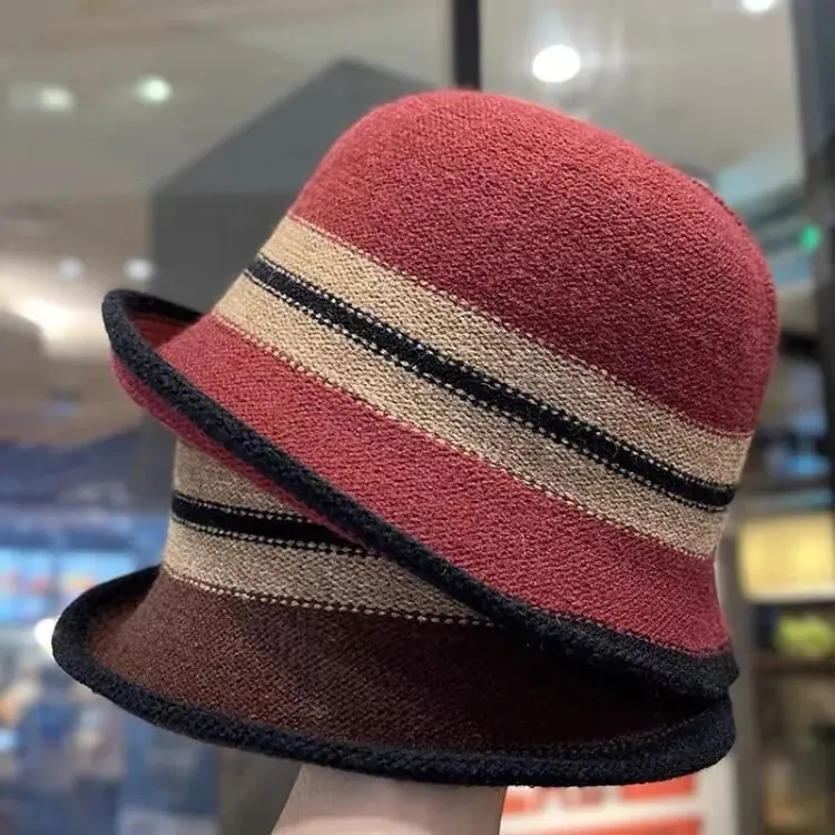 秋冬新款保暖秋冬季英伦百搭渔夫帽优雅复古条纹礼帽盆帽时尚帽