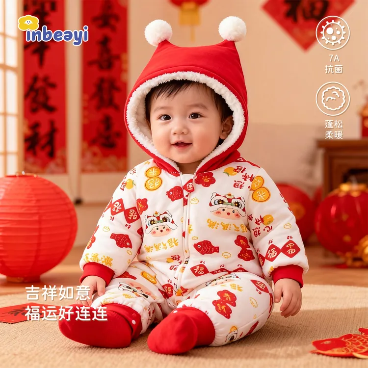 婴蓓依新生婴儿拜年服女宝可爱连体衣男宝新年红色外出服加绒加厚