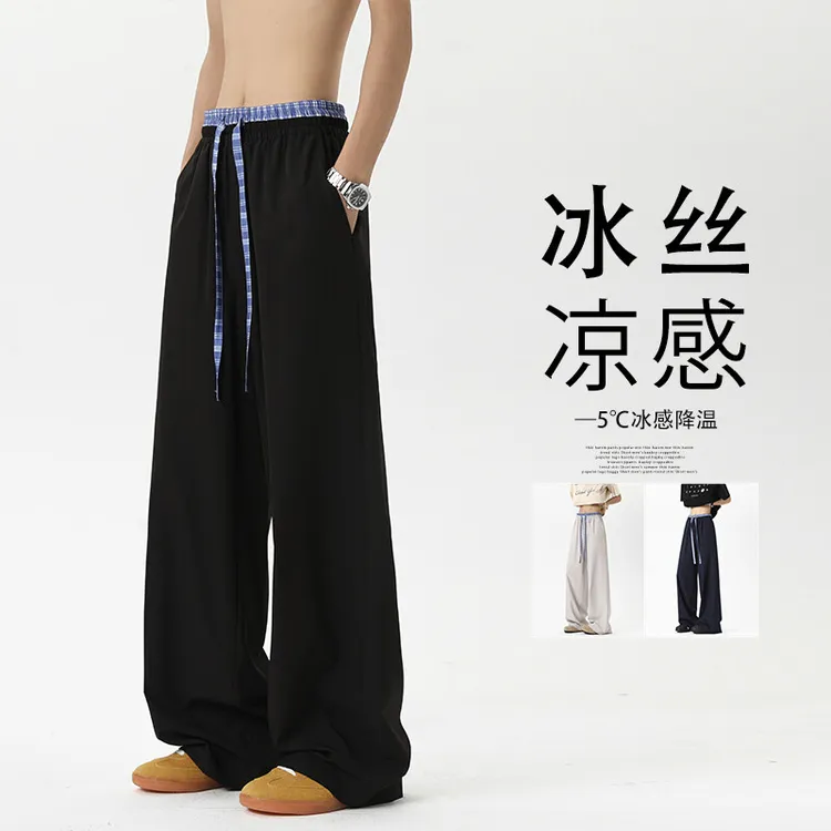 藏青色格子拼接休闲裤男款夏季美式设计感卫裤潮牌痞帅双腰头裤子