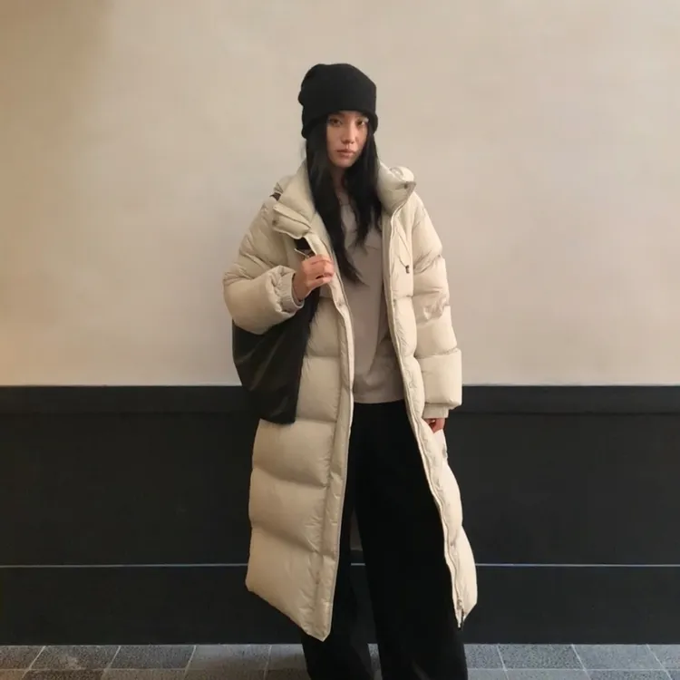 梦丽雅龟背泡芙/90高纯度绒子长款连帽羽绒服 保暖抗寒经典冬季