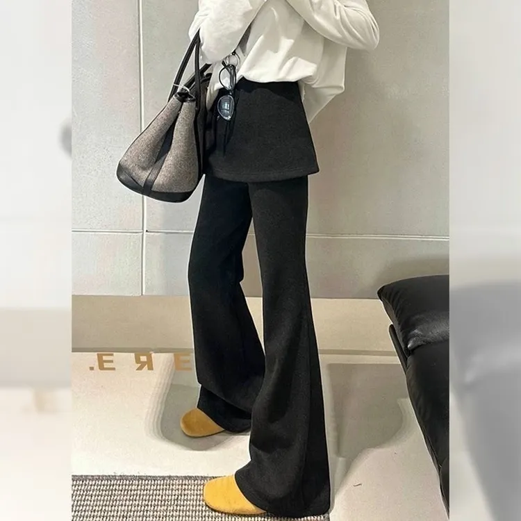秋冬加绒韩国东大门假两件屁帘微喇叭裤女2025梨形身材显瘦休闲裤